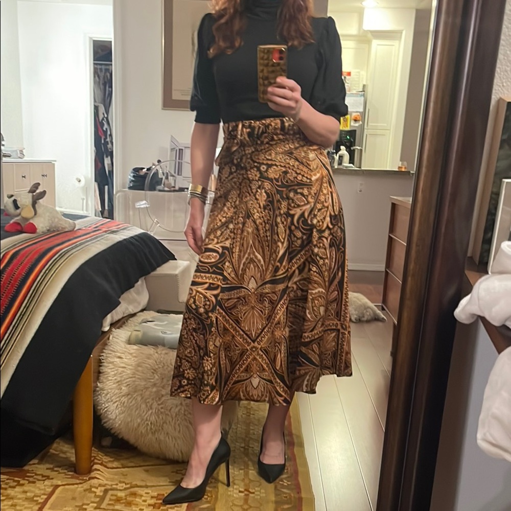 Brown and Gold A-line Midi Satin Skirt